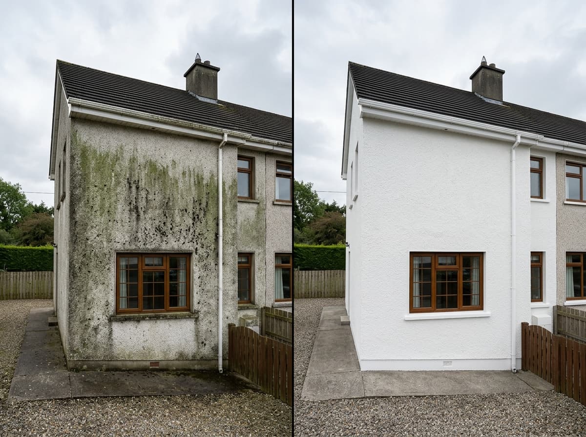 Render cleaning before and after on a house in Comber, County Down
