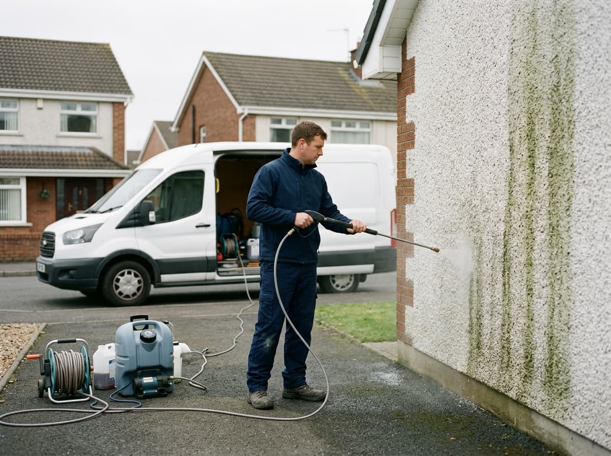 Technician softwashing a render wall with a low-pressure lance